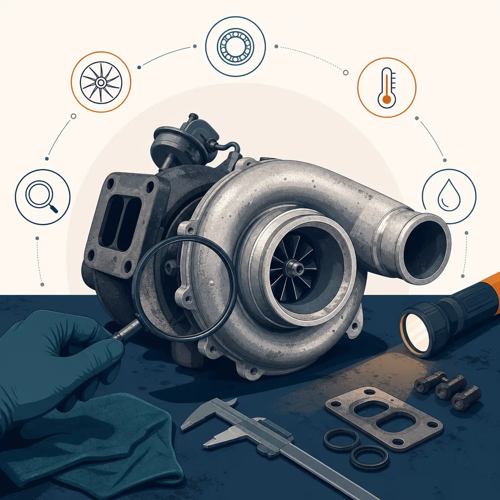 Turbocompresseur d'occasion sur un établi prêt à être inspecté avant l'achat